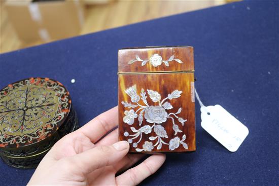 A tortoiseshell and mother of pearl card case, and a boullework box